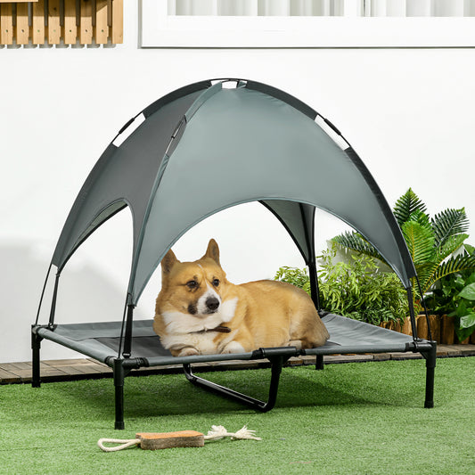 PawHut Outdoor Dog Bed with Removable Canopy, Portable Raised Dog Bed for Camping, Garden & Beach, Water-Resistant UV-Protection Mesh Pet Cot Sun Lounger, for Large Pets, 92 x 76 x 90 cm, Grey--ChewyGames-ChewyGames