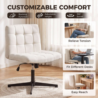 HOMCOM Armless Office Chair, Cross Legged Linen Computer Desk Vanity Chair with Wide Seat, Rocking Function, Beige