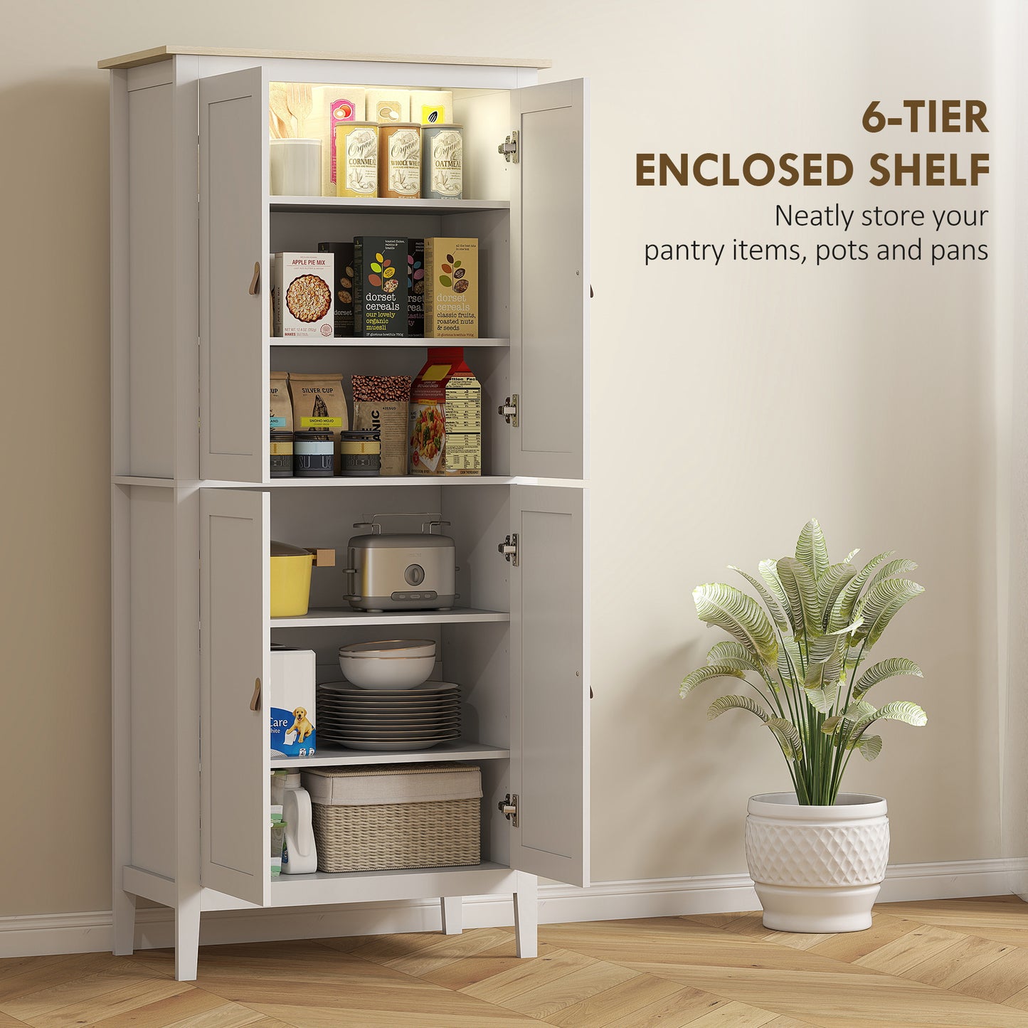 HOMCOM 176.5 cm Tall Pantry Cupboard with Motion Sensor LED Light - White