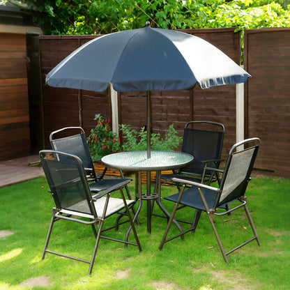 Outsunny 6 Piece Garden Dining Set with Umbrella, Patio Sets with Parasol with 4 Folding Dining Chairs & Round Tempered Glass Table, Black