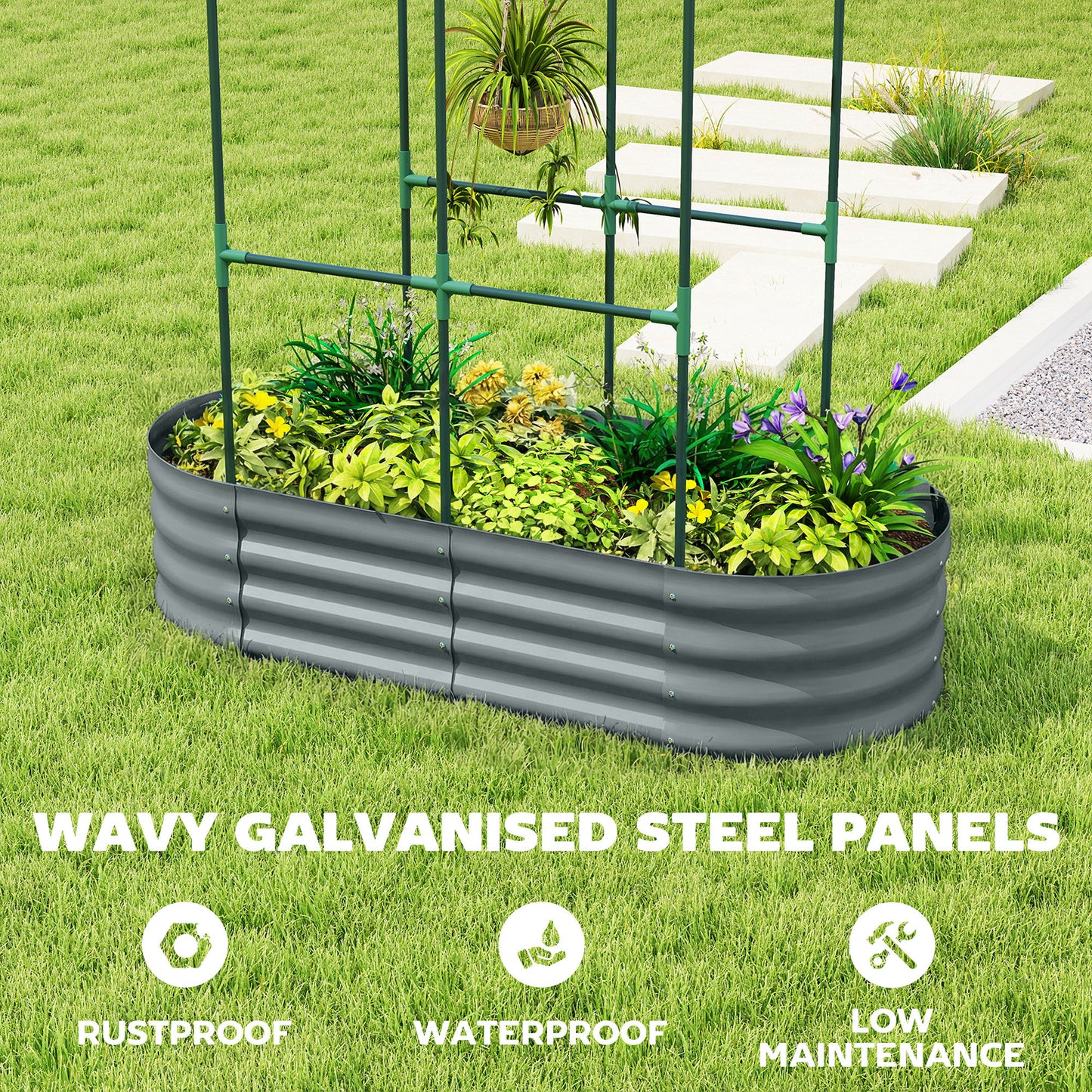 Outsunny Galvanised Raised Garden Bed with Arched Trellis, 4 x 2 x 4.6ft Metal Raised Bed for Garden with Open Bottom, Dark Grey