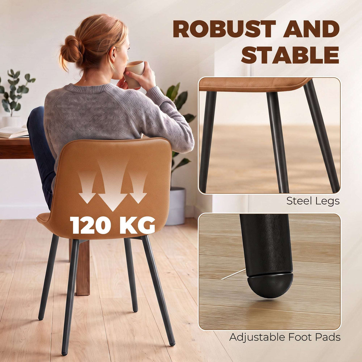 HOMCOM Faux Leather Upholstered Kitchen Chairs, Modern Dining Chairs Set of 2 with Metal Legs for Dining Room, Brown