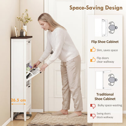 HOMCOM Shoe Cabinet with 3 Flip Drawers, Farmhouse Narrow Shoe Storage Cabinet with Adjustable Shelves, White
