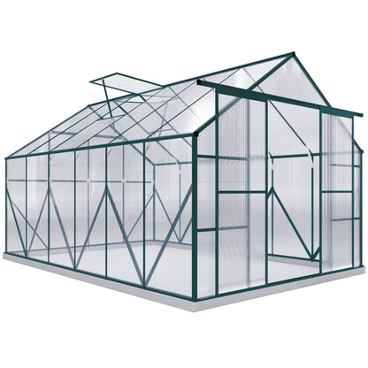 Outsunny 8 x 12ft Aluminium Greenhouse Polycarbonate Walk in Garden Greenhouse Kit with Adjustable Roof Vent, Double Sliding Door, Rain Gutter and Foundation, Clear