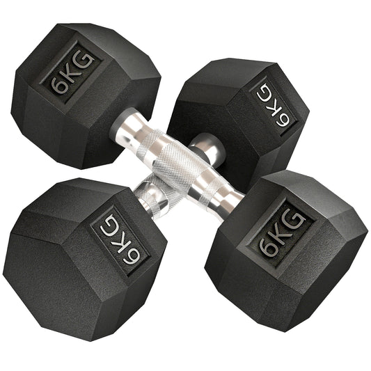 HOMCOM 2x6kg Hex Dumbbells Set Rubber Dumbbells Weight Lifting Equipment Fitness