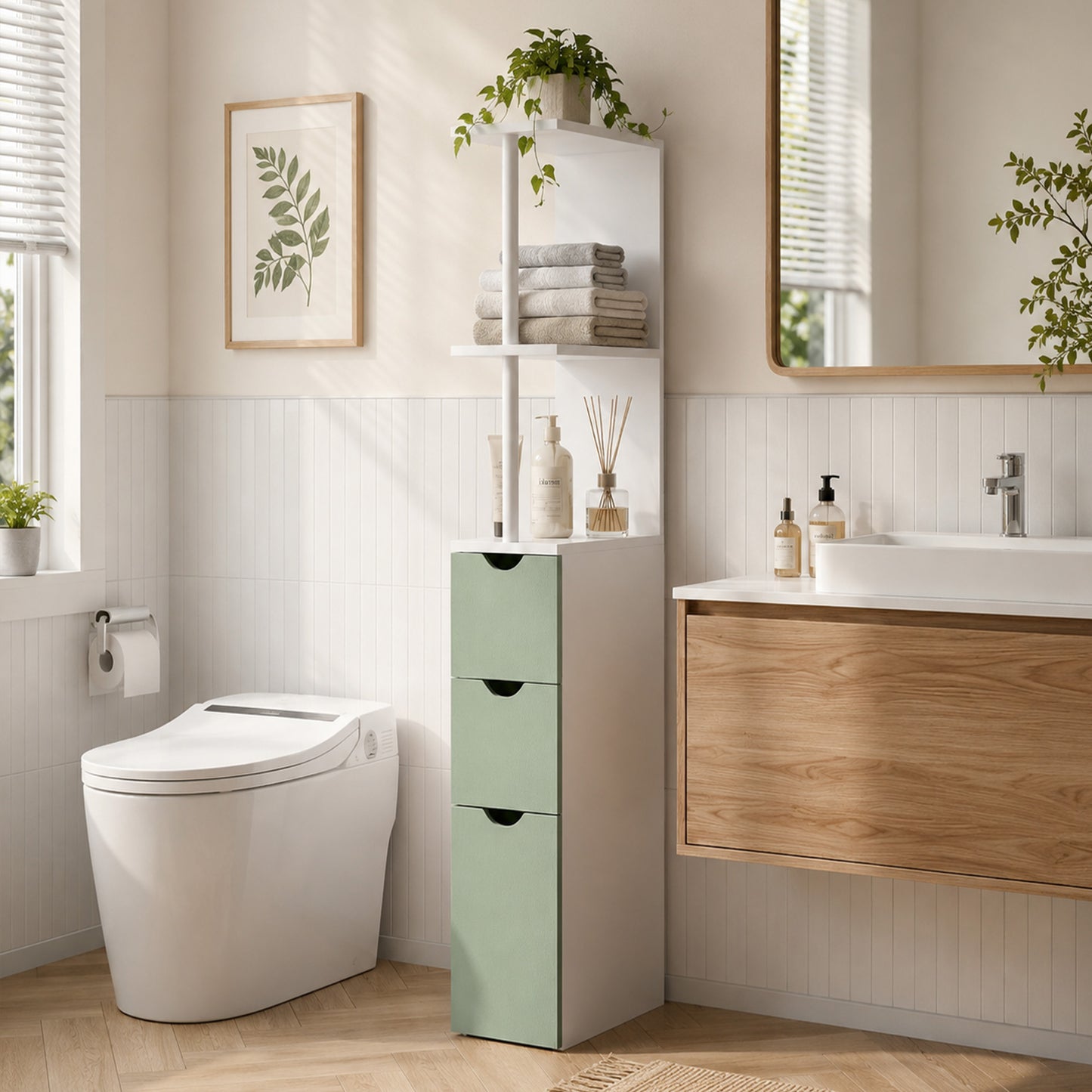 HOMCOM Slim Bathroom Storage Cabinet, Tall Bathroom Floor Cabinet with 2-Tier Shelf and 2 Drawers, White and Light Green