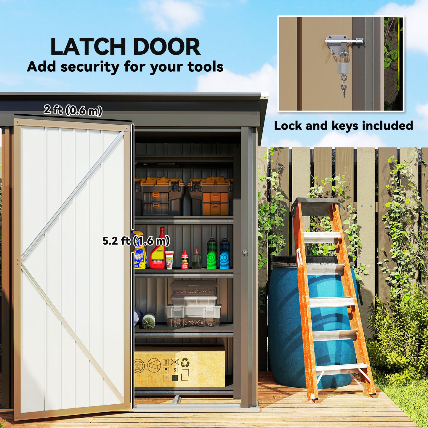 Outsunny 5 x 3ft Corrugated Steel Storage Shed, with Lock - Brown