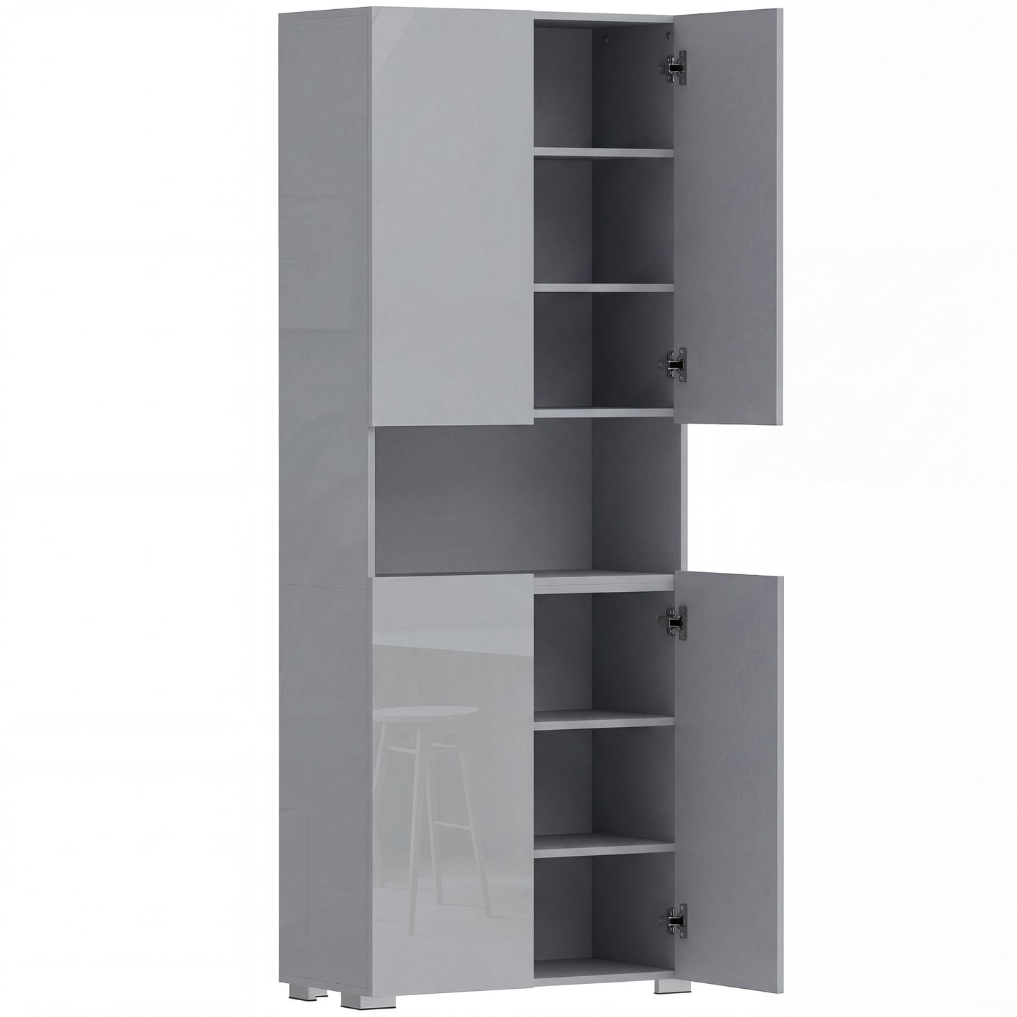HOMCOM 180 cm Tall Kitchen Cupboard, Pantry Storage Cabinet with Soft Close Doors and Adjustable Shelves, High Gloss Grey
