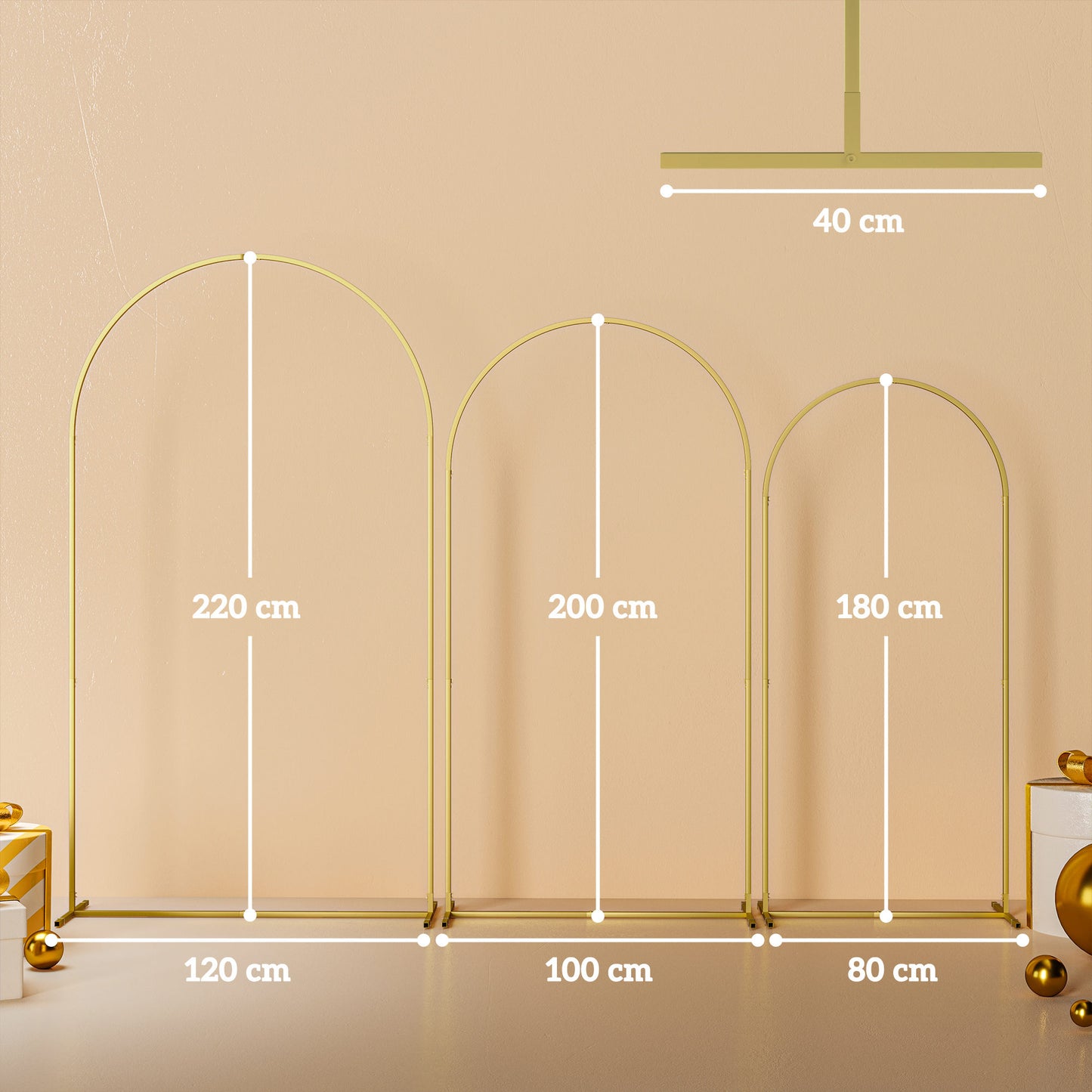 Outsunny Wedding Arch Frame Set, 2.2, 2, 1.8 m Metal Backdrop Stand Set of 3, Balloon Stand Set for Birthday Party, Bridal Shower, Graduation, Ceremony, Banquet Decorations, Gold Tone
