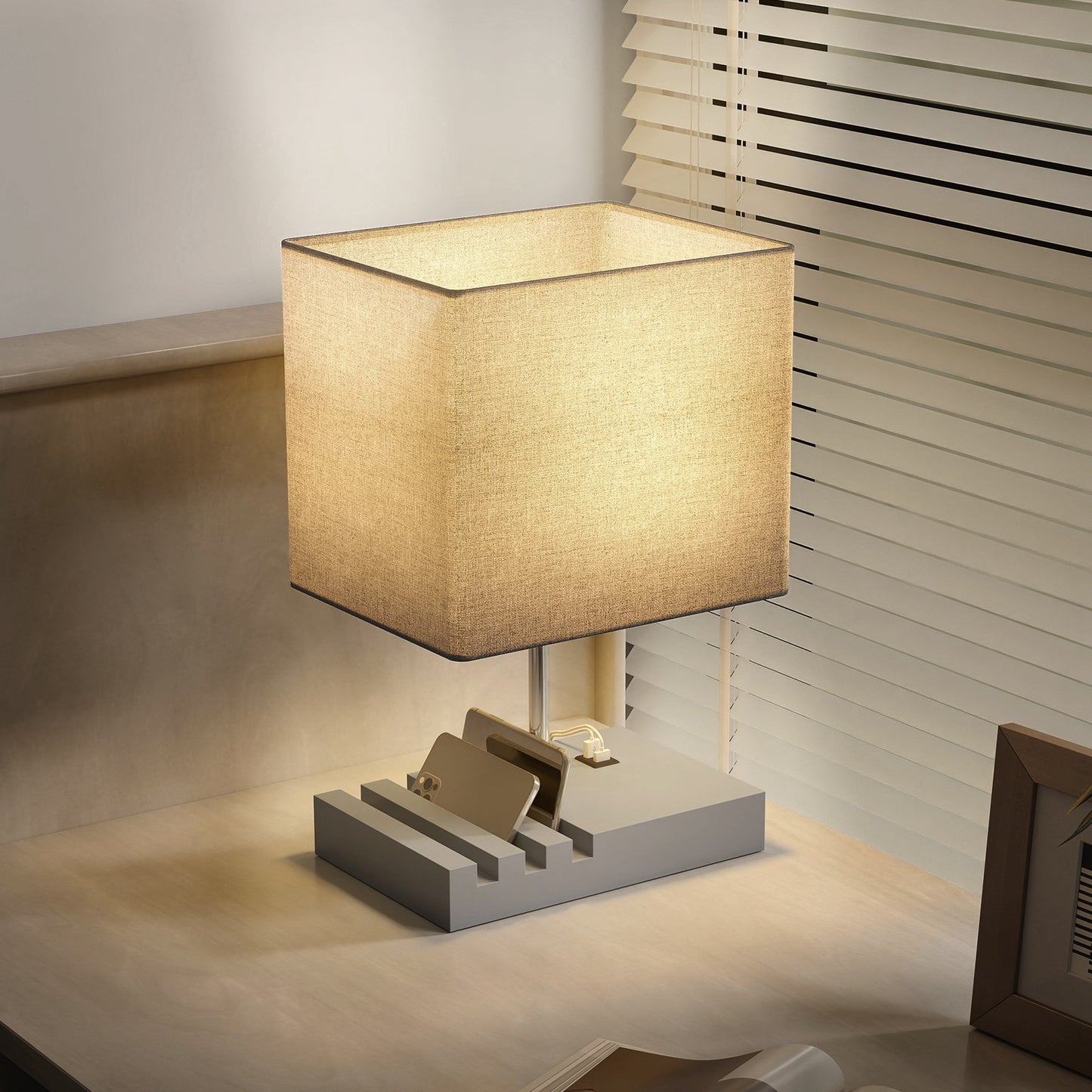 HOMCOM Bedside Lamp with USB A+C Charging Ports and 3 Phone Stands, Modern Table Lamp with Solid Wood Base and Fabric Shade for Bedroom Living Room Office, E27 Socket, Bulb Not Included, Grey--ChewyGames-ChewyGames