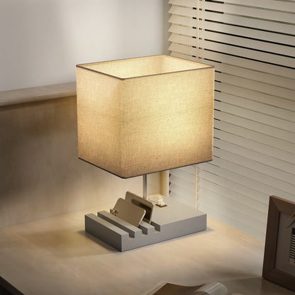 HOMCOM Bedside Lamp with USB A+C Charging Ports and 3 Phone Stands, Modern Table Lamp with Solid Wood Base and Fabric Shade for Bedroom Living Room Office, E27 Socket, Bulb Not Included, Grey--ChewyGames-ChewyGames