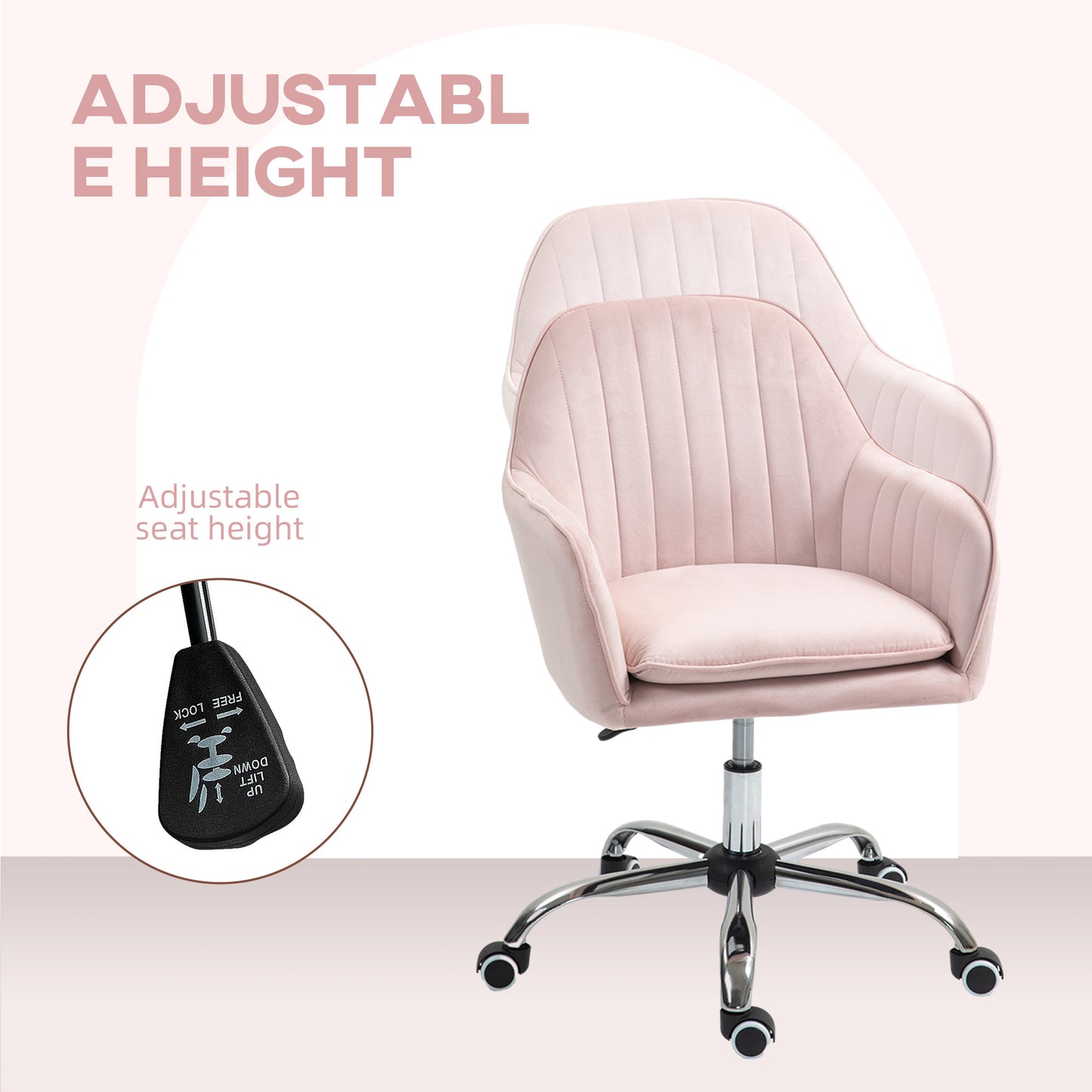HOMCOM Velvet-Feel Tub Office Chair, with Seat Cushion - Pink
