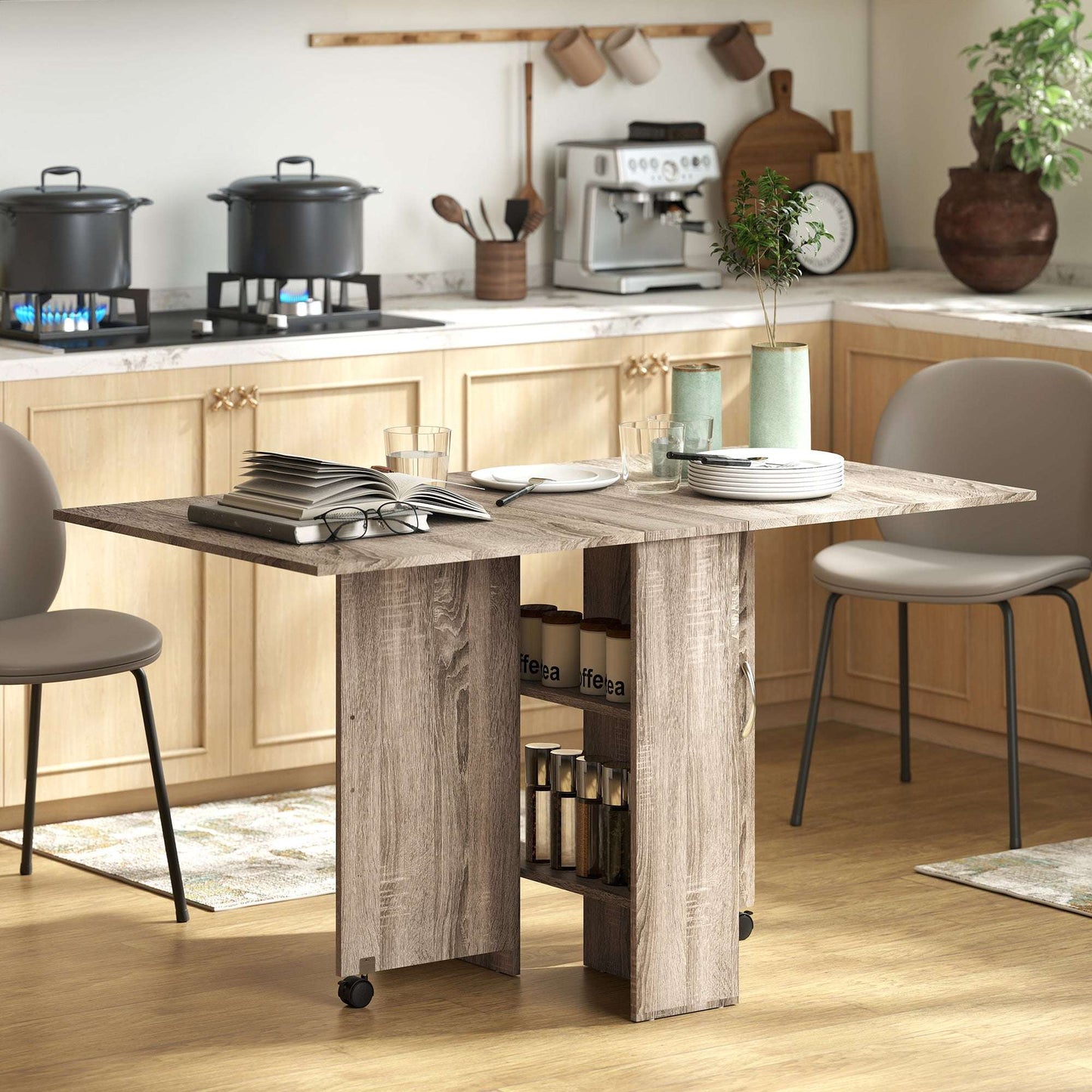 HOMCOM 80-140 cm Folding Dining Table for 4-6 People, Drop Leaf Table with 2-Tier Shelves, Rolling Casters, for Small Spaces, Kitchen, Flat, Dining Room, Grey