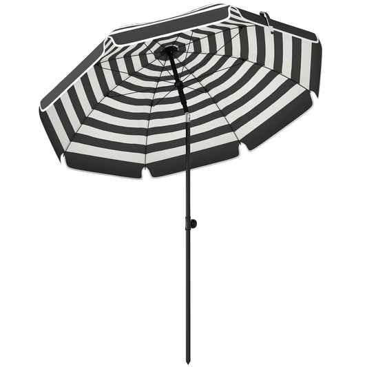 Outsunny 1.8 m Beach Umbrella Parasol with Sand Anchor, Portable 30° Tilting Patio Sun Shade with Adjustable Height, Grey/White