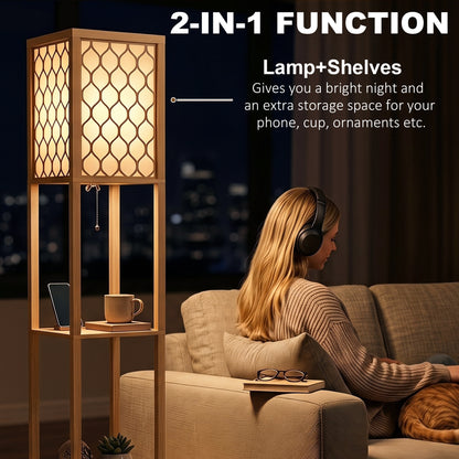 HOMCOM Floor Lamp with Shelves, Modern Tall Standing Lamp with Fabric Lampshades, Zipper Switch, Natural Wood Finish