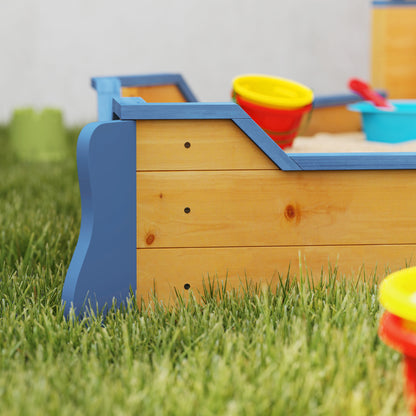 Outsunny Kids Sand Pit, Children Pirate Ship Sandbox with Bench, Bottom Liner, Seat, Natural Wood Tone