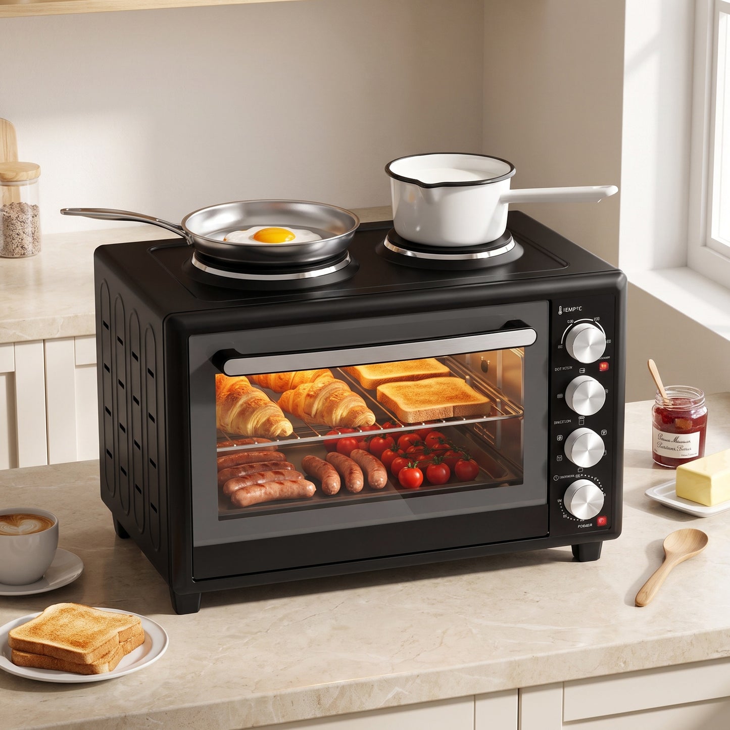 HOMCOM 46L Mini Oven with Dual Hot Plates, Electric Countertop Cooker with Convection, 90–230°C Adjustable Temperature