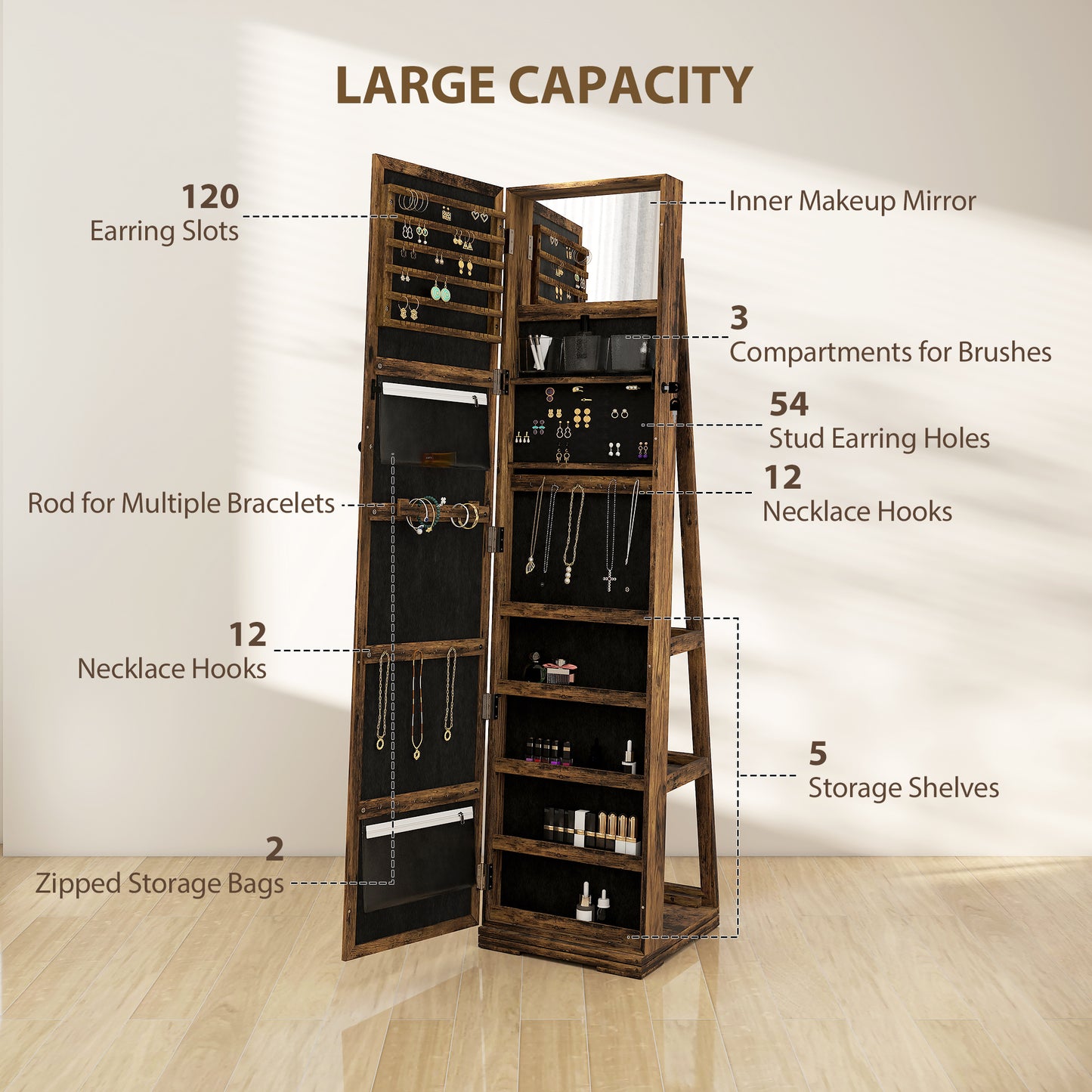HOMCOM 360° Swivel Jewellery Cabinet, Free Standing Full Length Mirror with Storage, Lockable Jewellery Organiser with Built-in Makeup Mirror and Storage Shelves for Bedroom, Rustic Brown