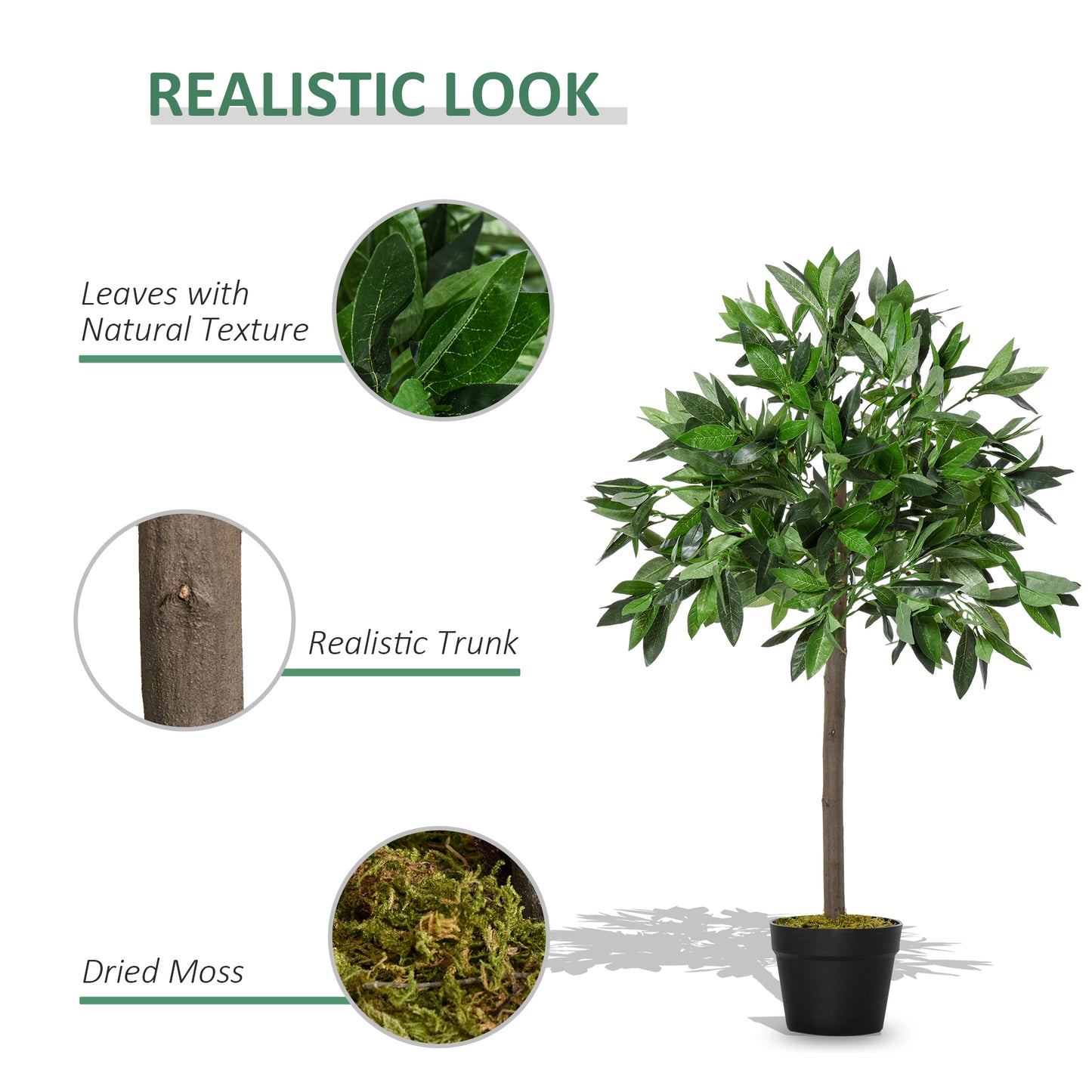 Outsunny Artificial Bay Laurel Topiary Trees w/ Pot Fake, Set Of 2 90cm/3FT Indoor Greenery Plant Home Office Garden Decor Green