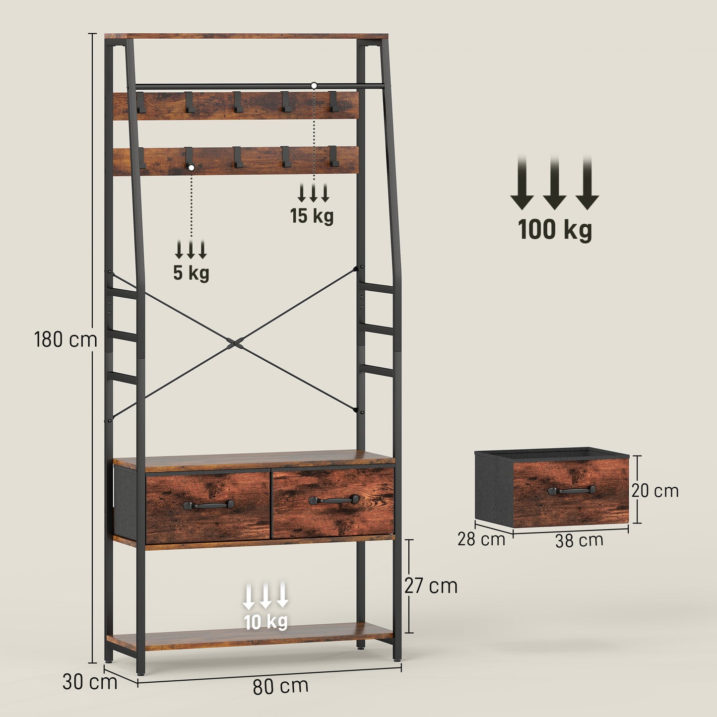 HOMCOM 6-in-1 Industrial-Style Hallway Organiser - Brown/Black