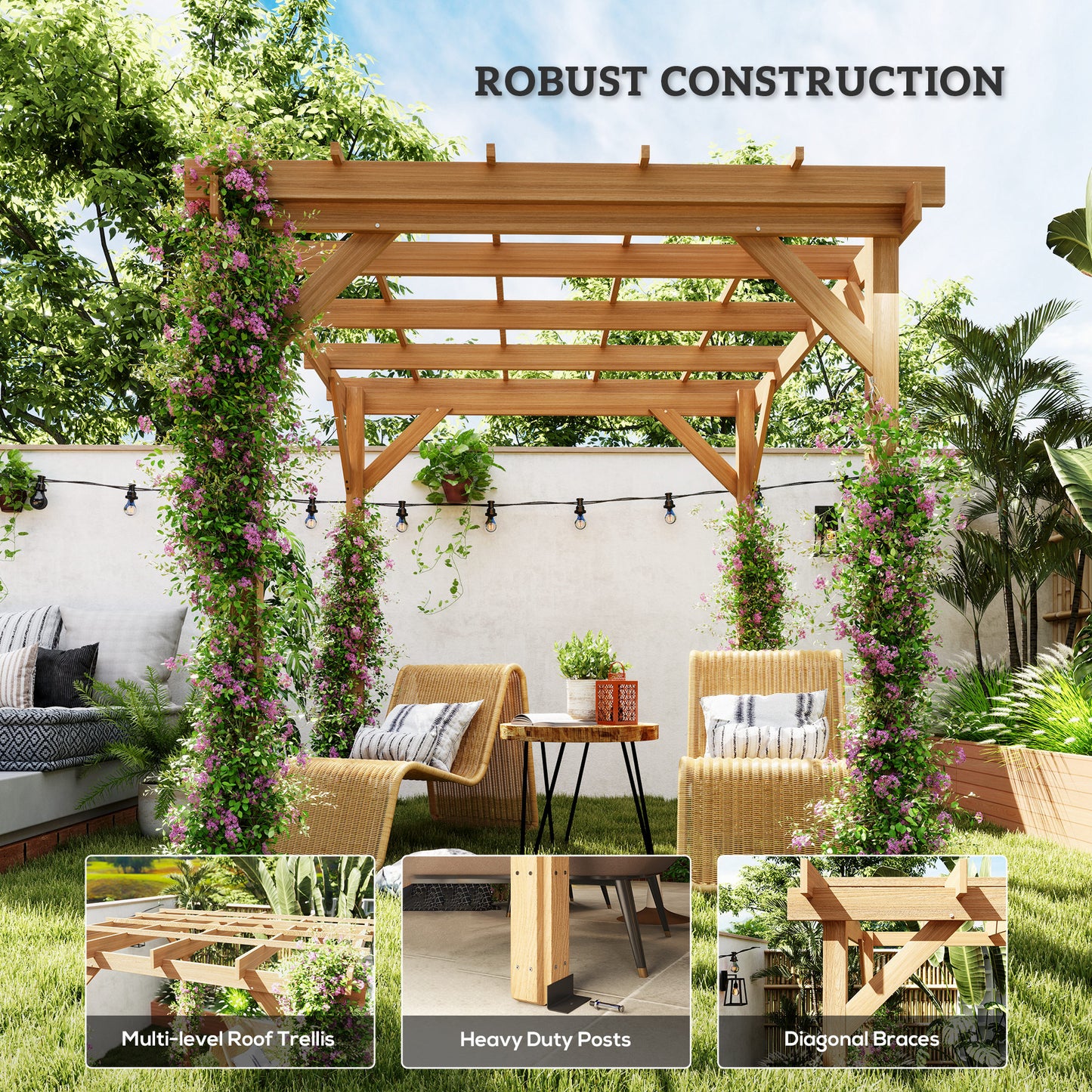 Outsunny 2 x 2 m Wooden Pergola Kit, Decorative Garden Gazebo Shelter with Stable Structure for Climbing Vines, Flowers, Dark Brown