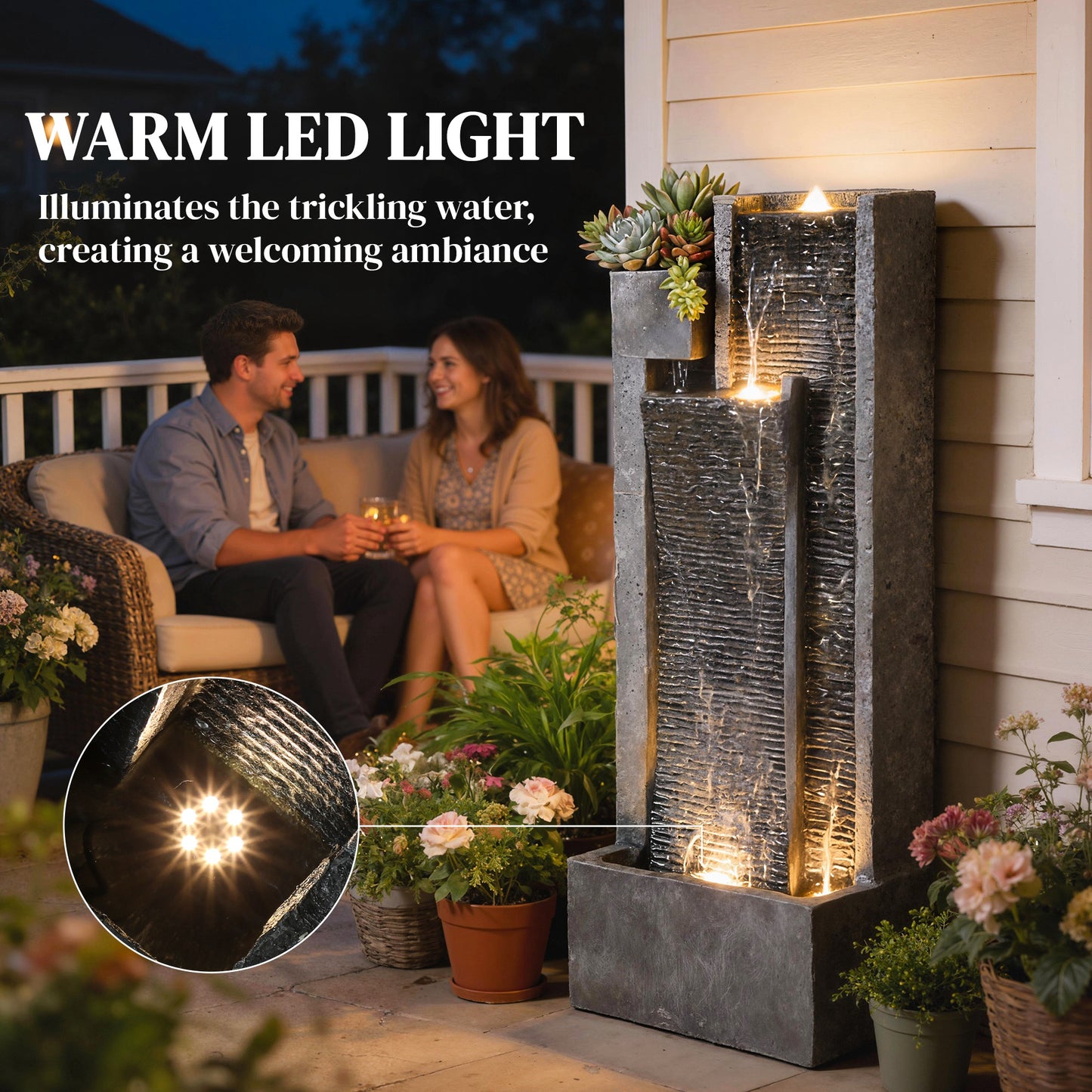 Outsunny Water Feature with LED Lights and Planter, 3-Tier Garden Water Fountain with Pump, Resin Waterfall Feature, Dark Grey--ChewyGames-ChewyGames