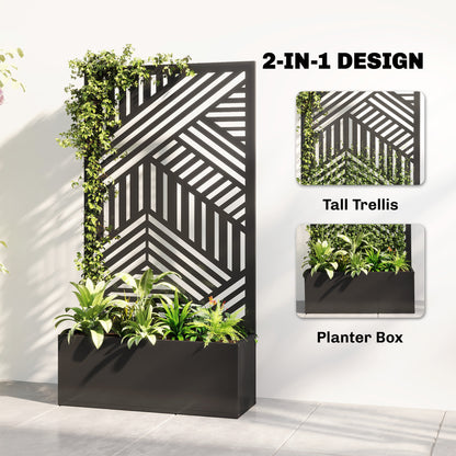 Outsunny Metal Garden Bed for Garden with Trellis, Raised Garden Bed with Privacy Screen, Geometric Slatted Cut-Out
