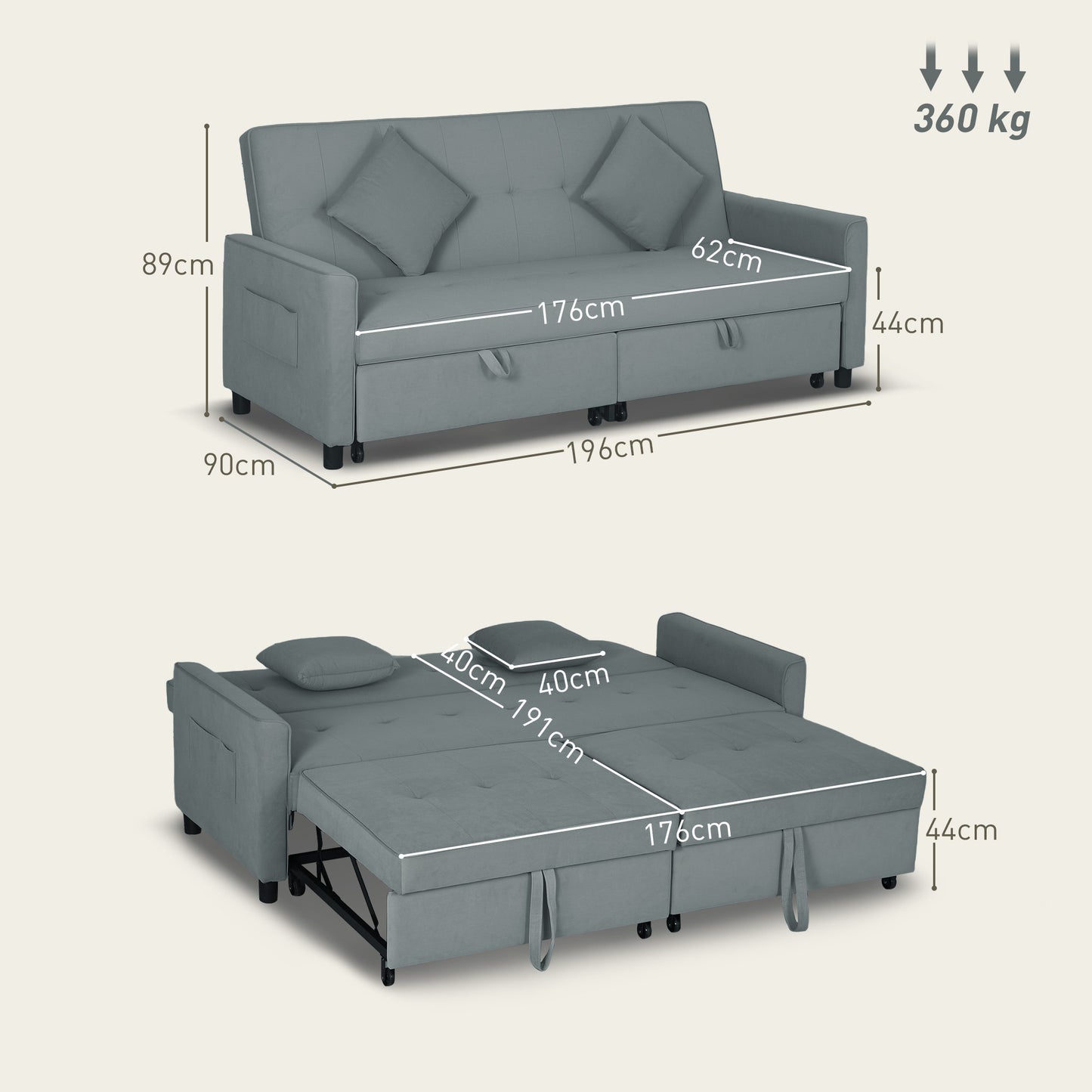 HOMCOM 3 Seater Velvet Sofa Bed, Convertible Click-Clack Couch with Adjustable Backrest, Small Double Sleeper Sofa for Living Room & Guests, Grey