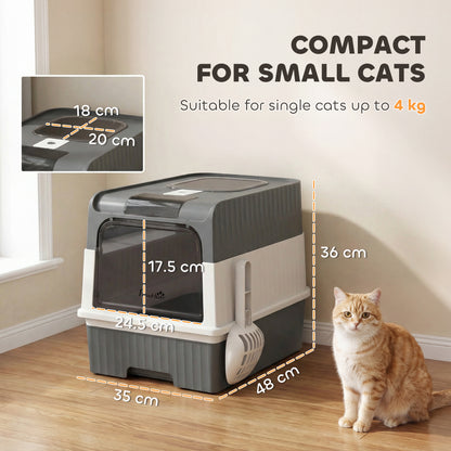 PawHut Enclosed Cat Litter Box with Lid, Pull-Out Drawer Tray, Scoop, 4 Deodorisation Bags, Front Entry & Top Exit, Grey