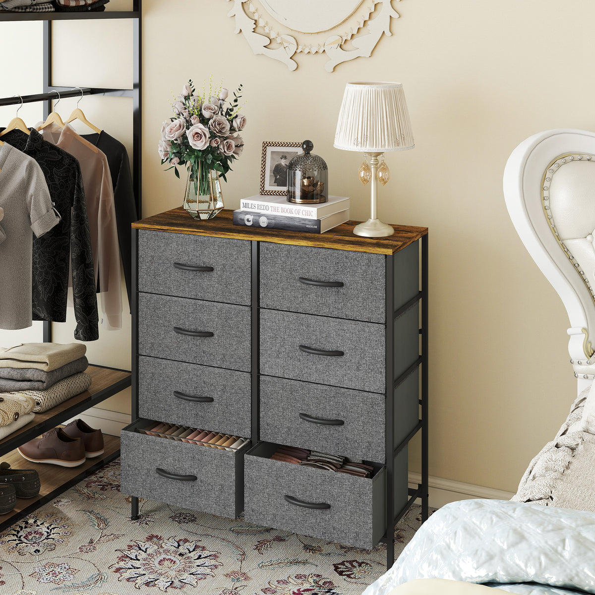HOMCOM Fabric Chest of Drawers, Industrial Bedroom Dresser with 8 Fabric Drawers, Steel Frame and Wooden Top for Nursery, Living Room, Hallway, Rustic Brown and Grey-Dressers-ChewyGames-HOMCOM