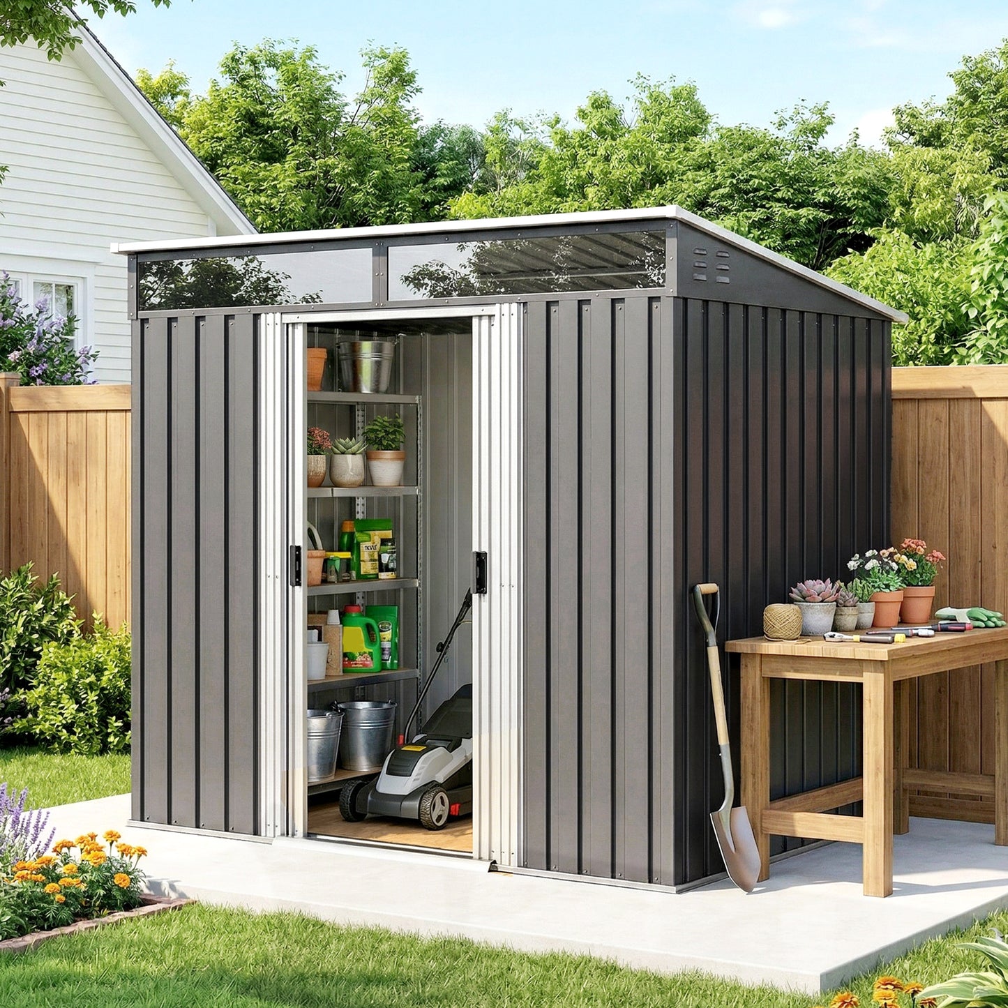 Outsunny 6.5 x 4FT Galvanised Metal Shed with Foundation Kit, Lockable Tool Garden Shed with Double Sliding Doors, Vents, Grey