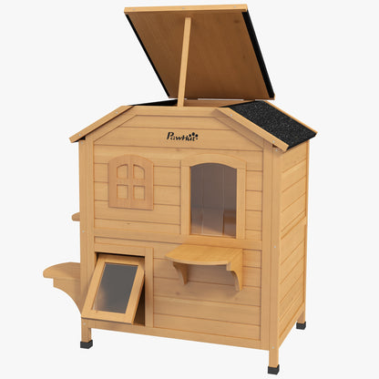 PawHut 2-story Cat House Outdoor, Weatherproof Wooden Cat Enclosure with Openable Roof, Jumping Platforms, Natural Wood Finish