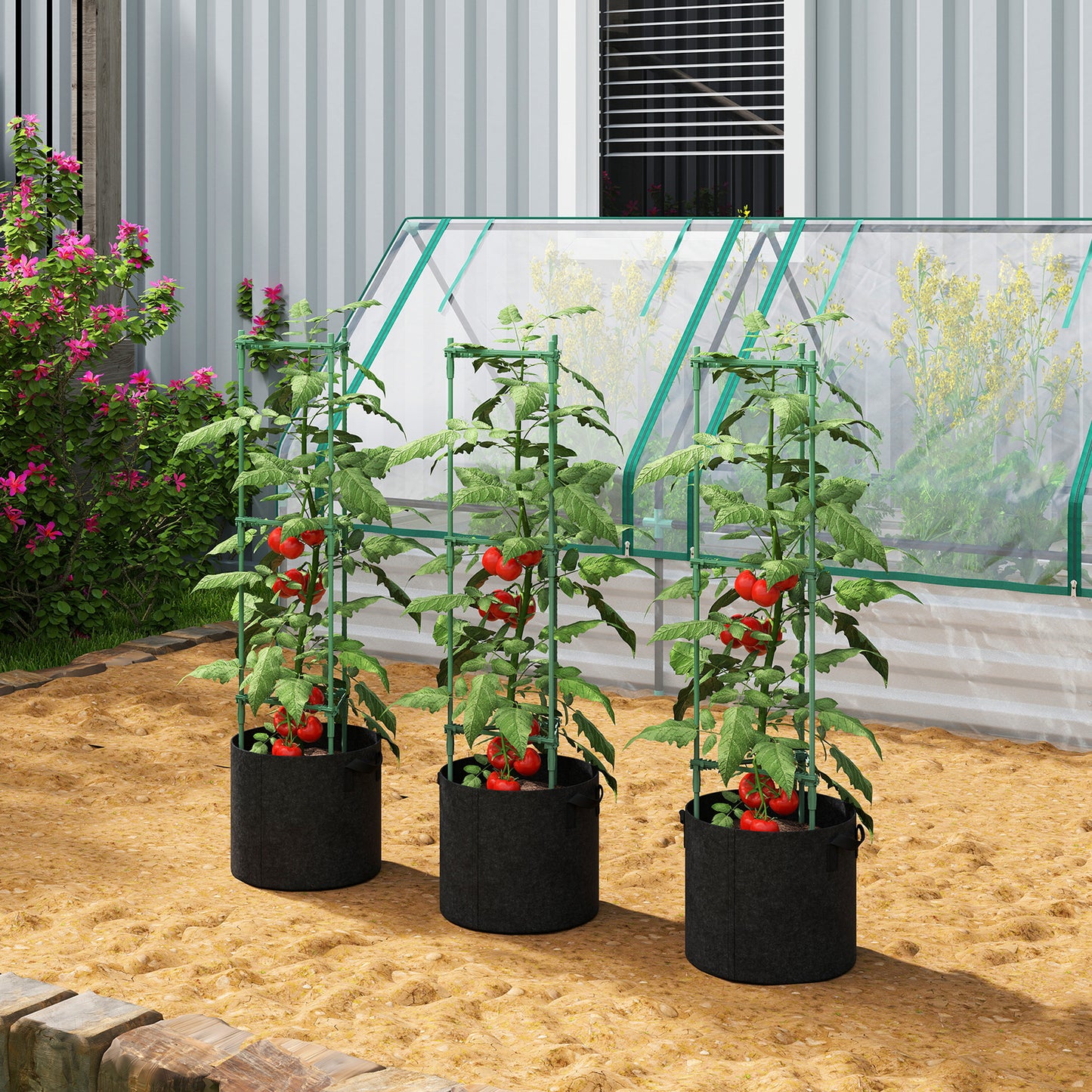 Outsunny 3 Packs Tomato Cages with 83.7L Grow Bags, 120cm Adjutstable Triangle Plant Stakes Support Trellis with Planter Bags