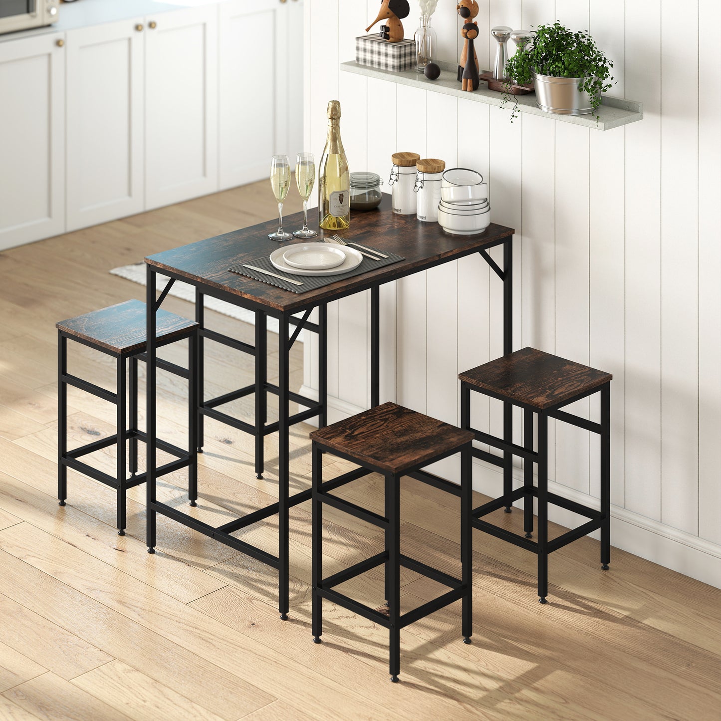 HOMCOM 5-Piece Breakfast Bar Table and Stools Set, Kitchen Bar Table Set with High Table and 4 Stools, Space Saving Compact Dining Furniture for Small Spaces, Rustic Brown