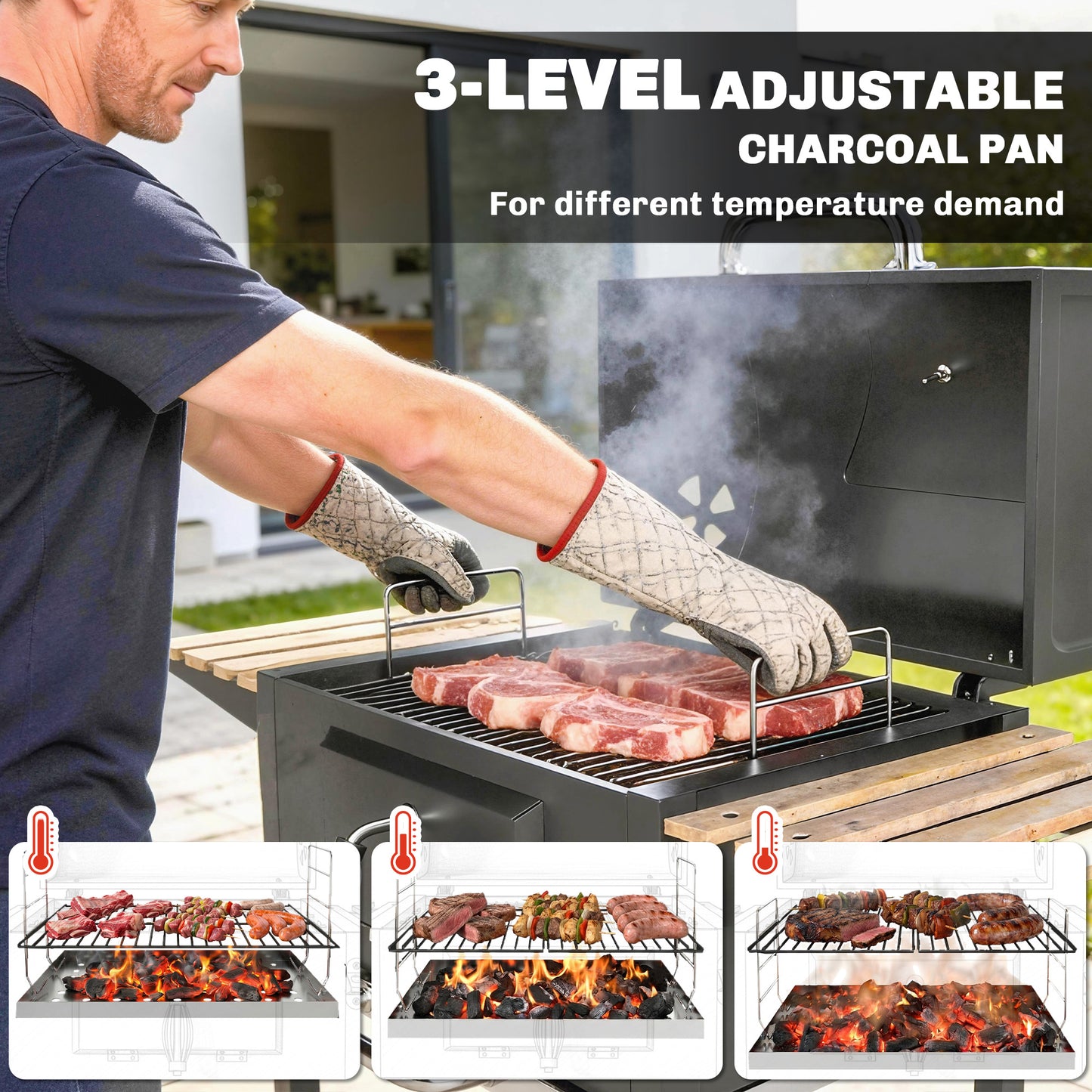 Outsunny Charcoal BBQ Grill with Height Adjustable Charcoal Pan, Barbecue Smoker with Warming Rack, 3 Shelves, Temperature Gauge, Wheels, Bottle Opener for Outdoor Cooking Garden Party