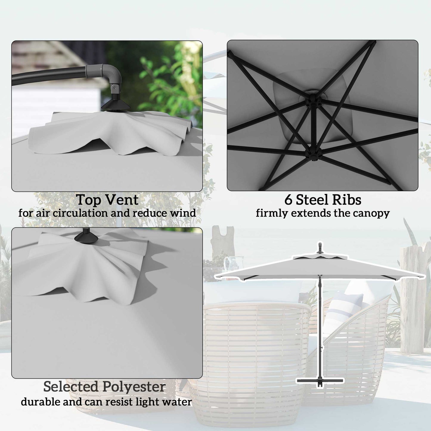 Outsunny 3(m) Cantilever Overhanging Parasol, with Cross Base - Light Grey--ChewyGames-ChewyGames