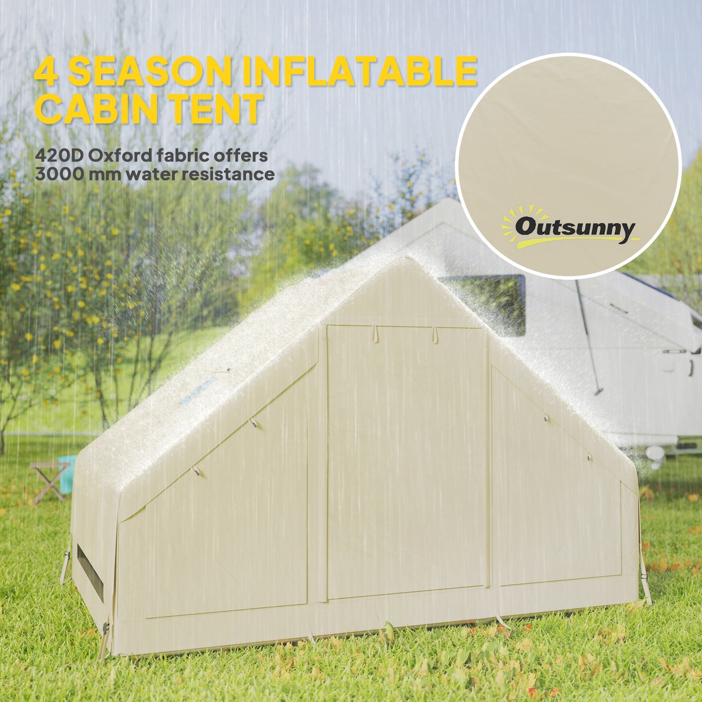 Outsunny Inflatable Camping Tent with Pump and Stove Jack Hole, Easy Setup 2-4 Person Blow Up Tent, Waterproof Luxury Inflatable Tent with Mesh Windows, Doors, Hook and Carry Bag, Beige