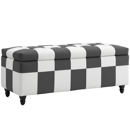 HOMCOM Storage Ottoman, Storage Bench with Wood Legs, Footstool, Footrest with Velvet Surface for Bedroom, Hallway, Living Room, 114 x 47 x 47 cm, Dark Grey and White