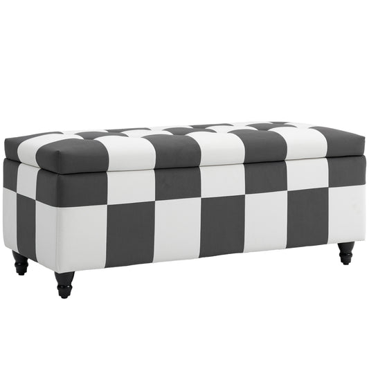 HOMCOM Storage Ottoman, Storage Bench with Wood Legs, Footstool, Footrest with Velvet Surface for Bedroom, Hallway, Living Room, 114 x 47 x 47 cm, Dark Grey and White