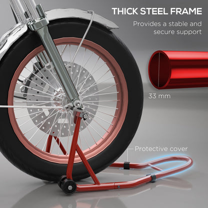 HOMCOM Front Motorcycle Paddock Stand Motorbike Stand with Anti-Slip Mat, Adjustable Pin and Swingarm Spool Adaptors, 200 kg Capacity, for 18", 17" and 10" Tyre, Red