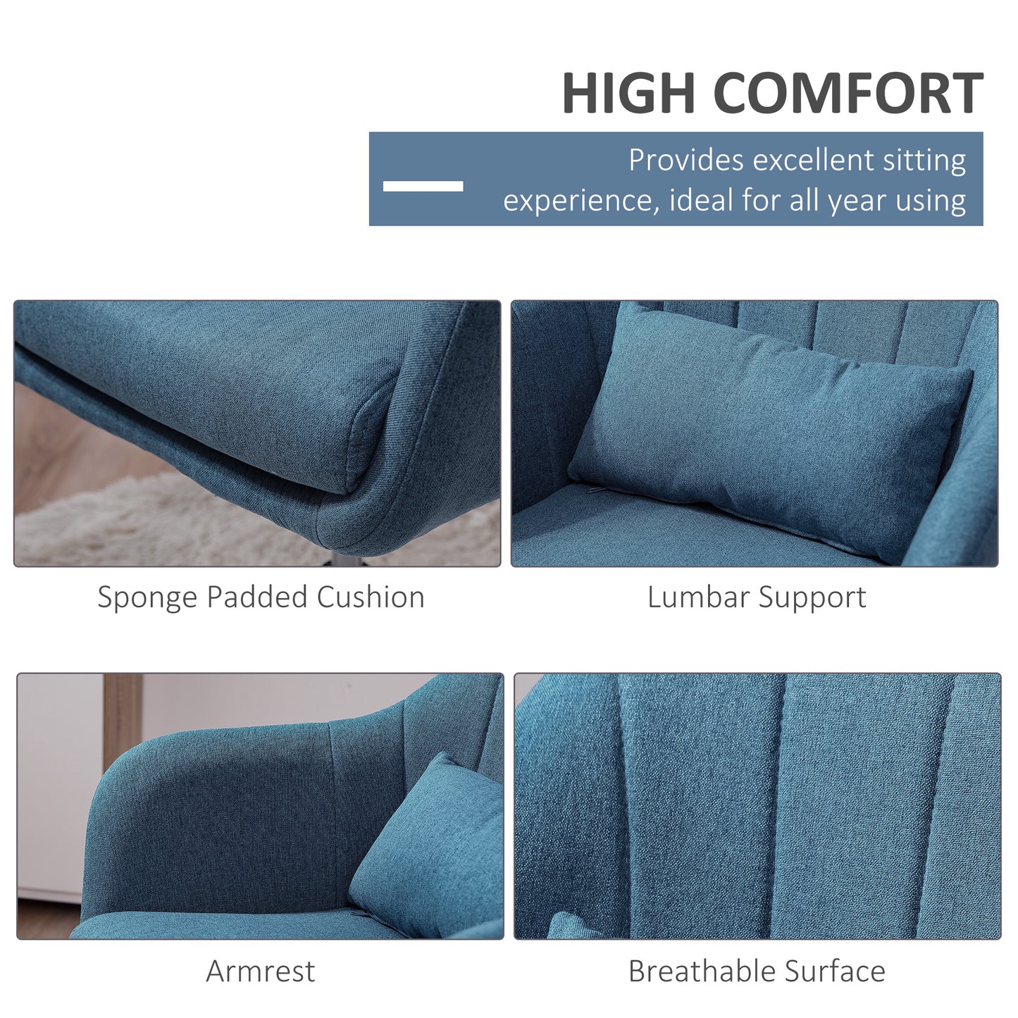 HOMCOM Swivel Accent Chair, Linen Fabric Tub Vanity Chair, Modern Armchair with Adjustable Height and Lumbar Support for Living Room Bedroom Salon Make up Room Dressing Table, Blue
