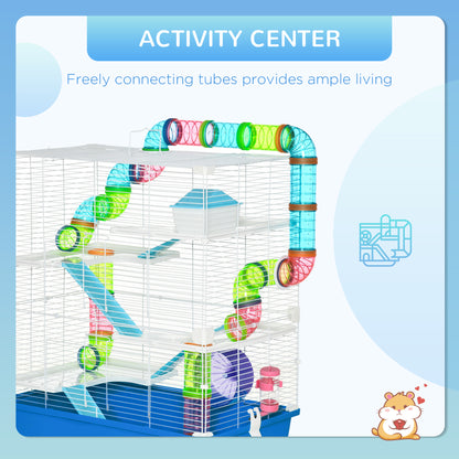 PawHut 5 Tier Hamster Cage, Gerbil Cage with Exercise Wheel, Feeder Bowl, Tube, Water Bottle, 59L x 36W x 69H cm - Blue