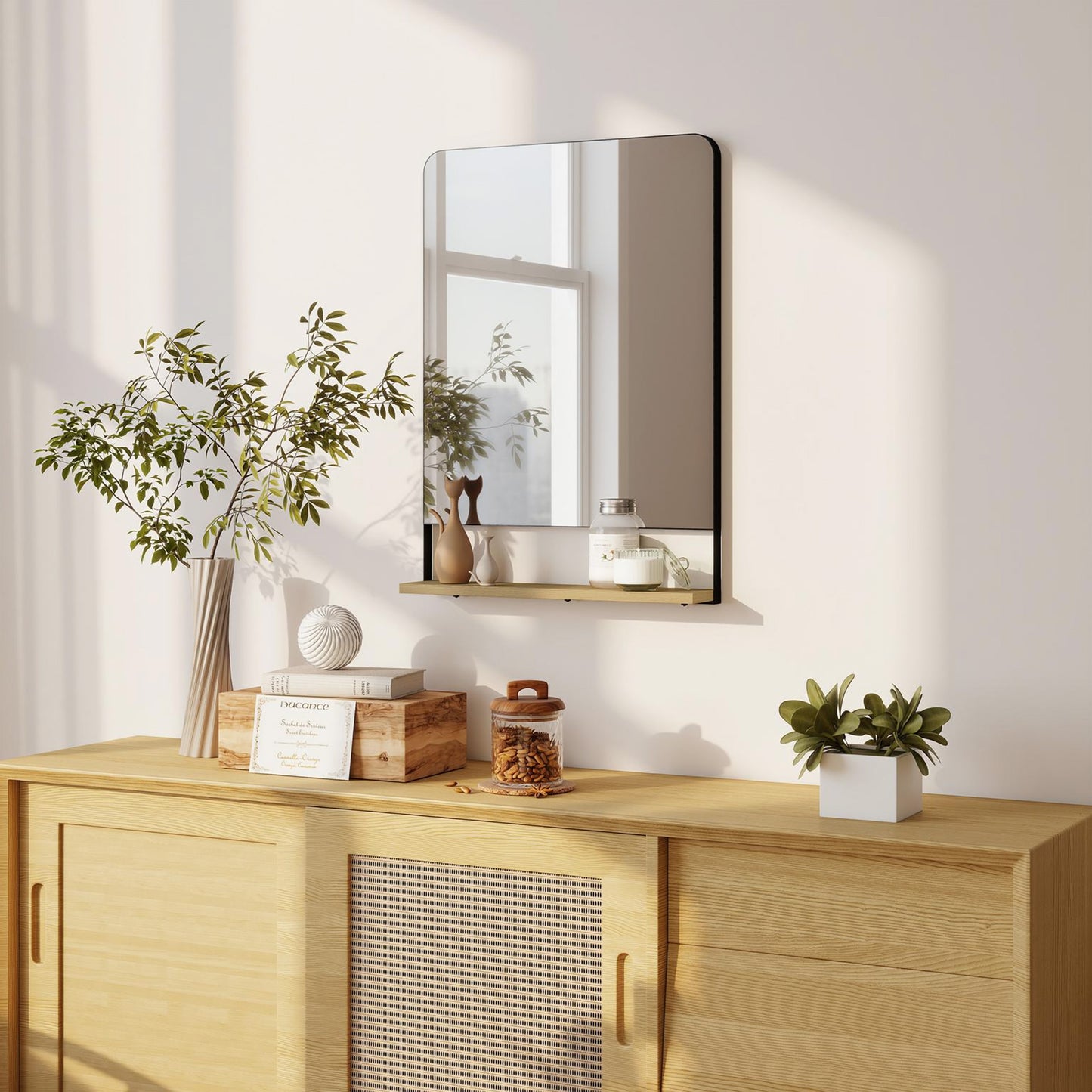 HOMCOM Wall Mirror with Wood Shelf - Black