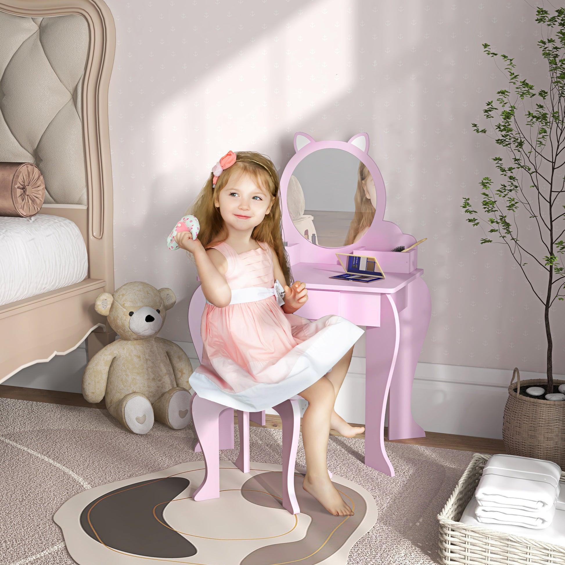 ZONEKIZ Kids Vanity Table with Mirror, Stool, Drawer, Storage Boxes, Cat Design, for Ages 3-6 Years - Pink--ChewyGames-ChewyGames