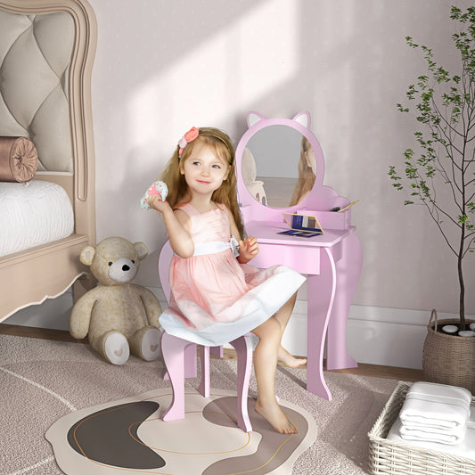 ZONEKIZ Kids Vanity Table with Mirror, Stool, Drawer, Storage Boxes, Cat Design, for Ages 3-6 Years - Pink--ChewyGames-ChewyGames