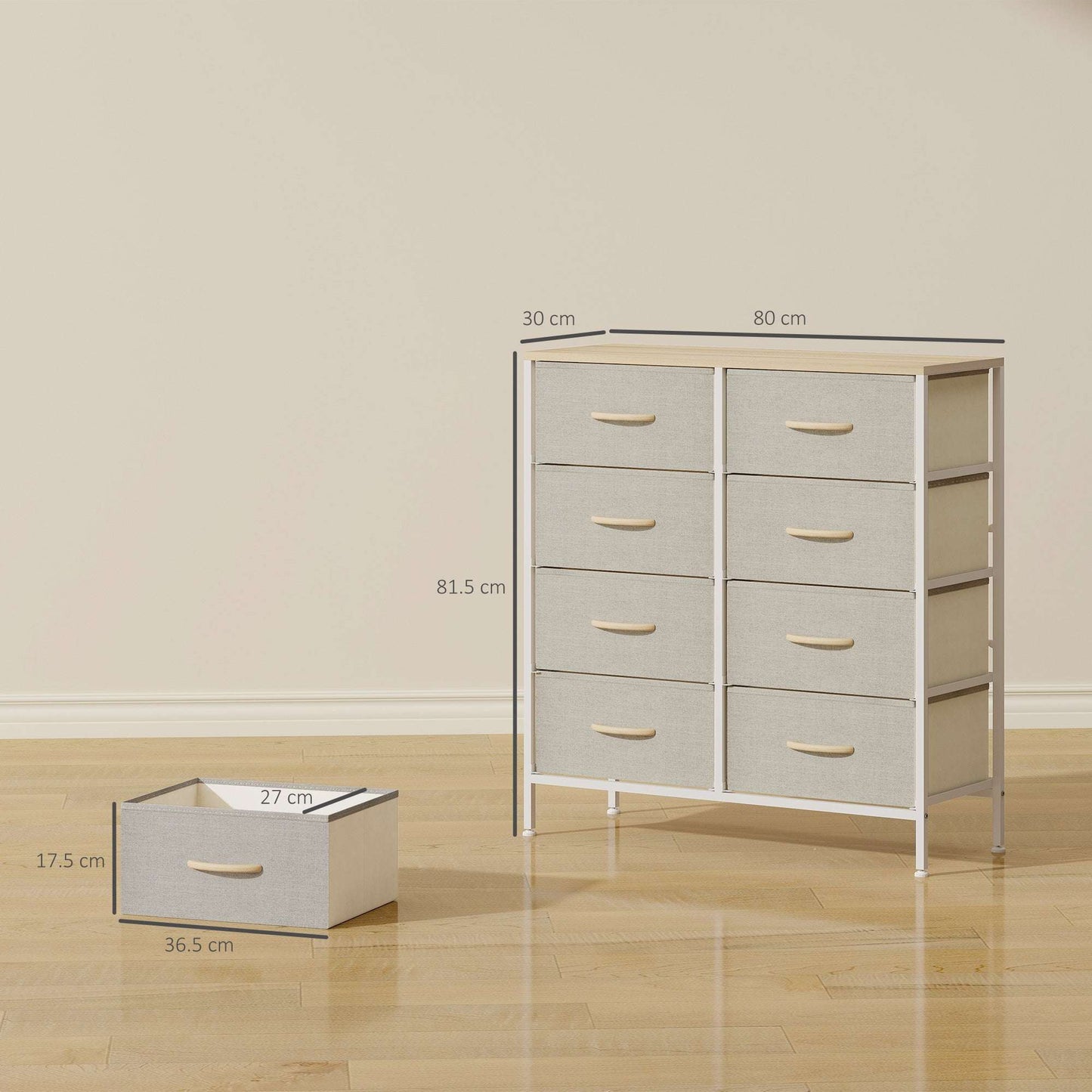 HOMCOM Fabric Chest of Drawers, Industrial Bedroom Dresser with 8 Fabric Drawers, Steel Frame and Wooden Top for Nursery, Living Room, Hallway, Maple Wood-effect