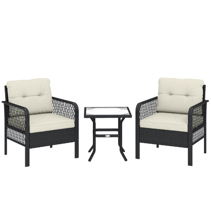 Outsunny 3 Pieces Rattan Bistro Set with Glass Top Coffee Table, Chairs and Cushions for Outdoor, Patio, Balcony, Cream