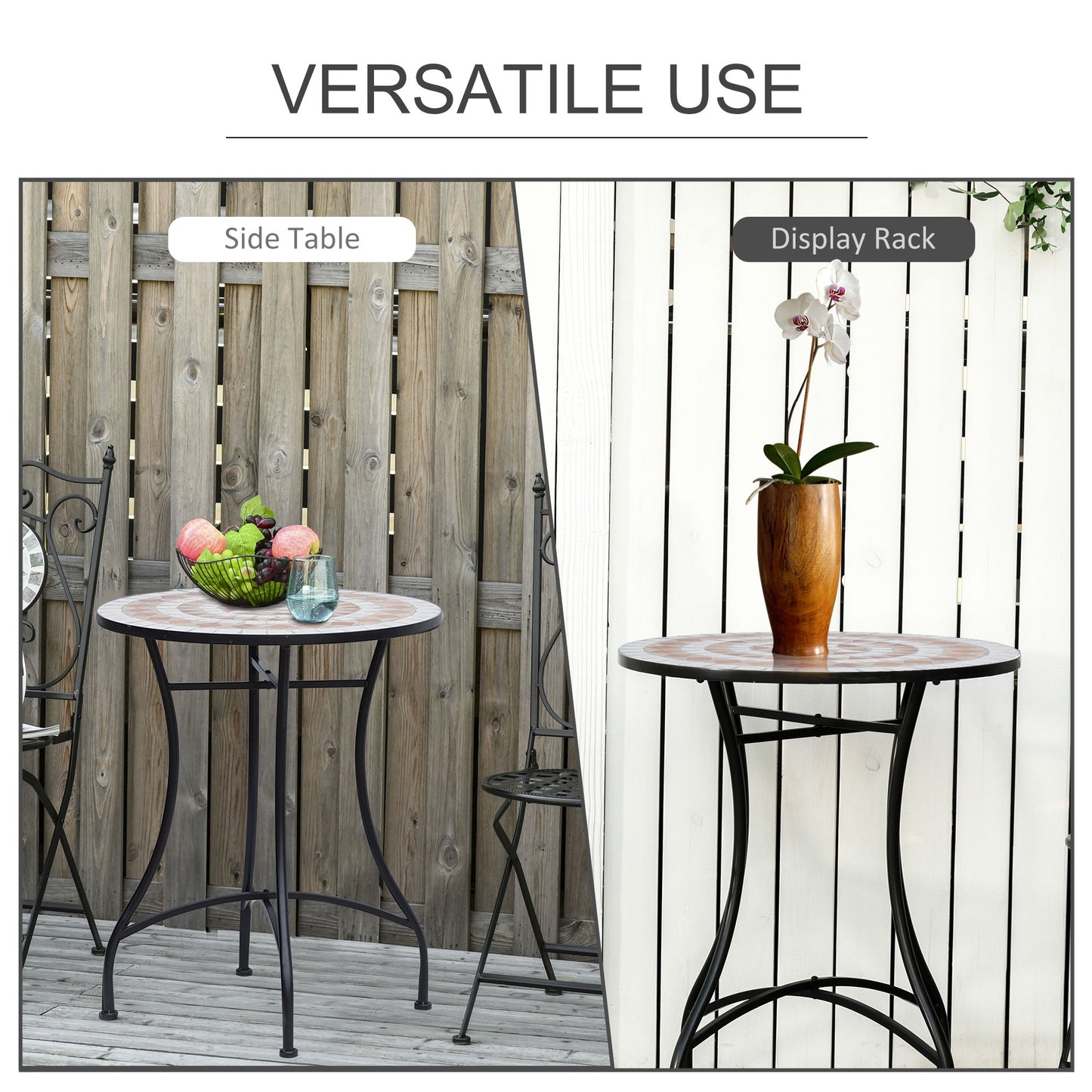 Outsunny 60 cm Mosaic Garden Table, Small Round Outdoor Side Table with Ceramic Top, Plant Stand for Patio, Balcony, Orange and White