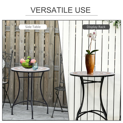 Outsunny 60 cm Mosaic Garden Table, Small Round Outdoor Side Table with Ceramic Top, Plant Stand for Patio, Balcony, Orange and White