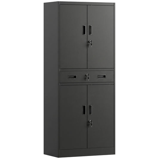 HOMCOM Metal Storage Cabinet, 180cm Tall Tool Cabinet with Locking Doors, Drawer and Adjustable Shelves, Black